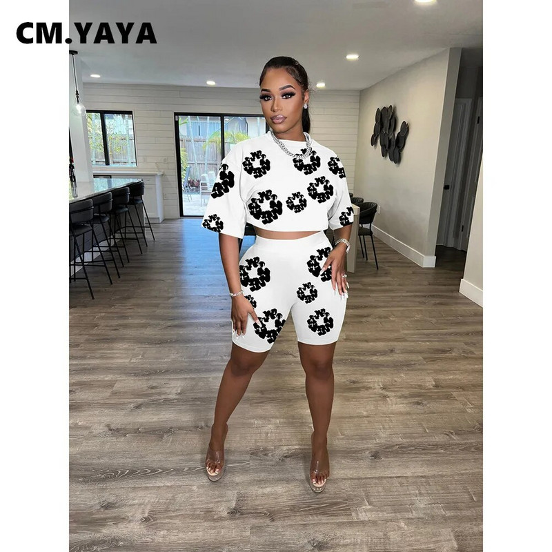CM.YAYA Fashion εμπριμέ γυναικείο σετ με κοντό μανίκι μπλουζάκι και σορτς 2024 Active INS Two 2 Piece Sets Outfits φόρμα