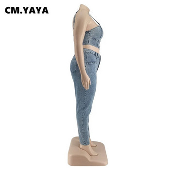 CM.YAYA Γυναικείο Σετ Plus Size Σετ τζιν μασίφ αμάνικο μονό στήθος Crop ζιπ παντελόνι Δύο 2 τεμαχίων σετ μόδας Καλοκαιρινό