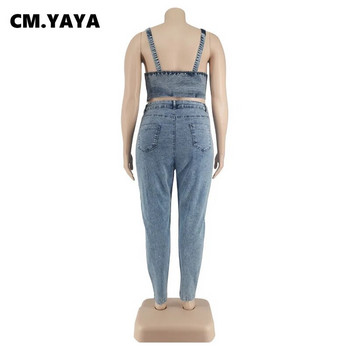 CM.YAYA Дамски комплект с големи размери Дънкови плътни едноредни укорени панталони без ръкави с цип Два комплекта от 2 части Модно облекло Лято