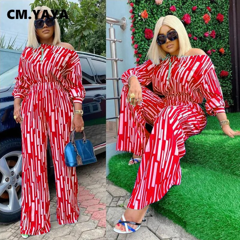 CM.YAYA Ριγέ γυναικεία μπλουζάκι με μακρυμάνικο σετ ώμου και παντελόνι με φαρδύ πόδι 2023 Φόρμα αθλητικής φόρμας δύο σετ 2 τεμαχίων