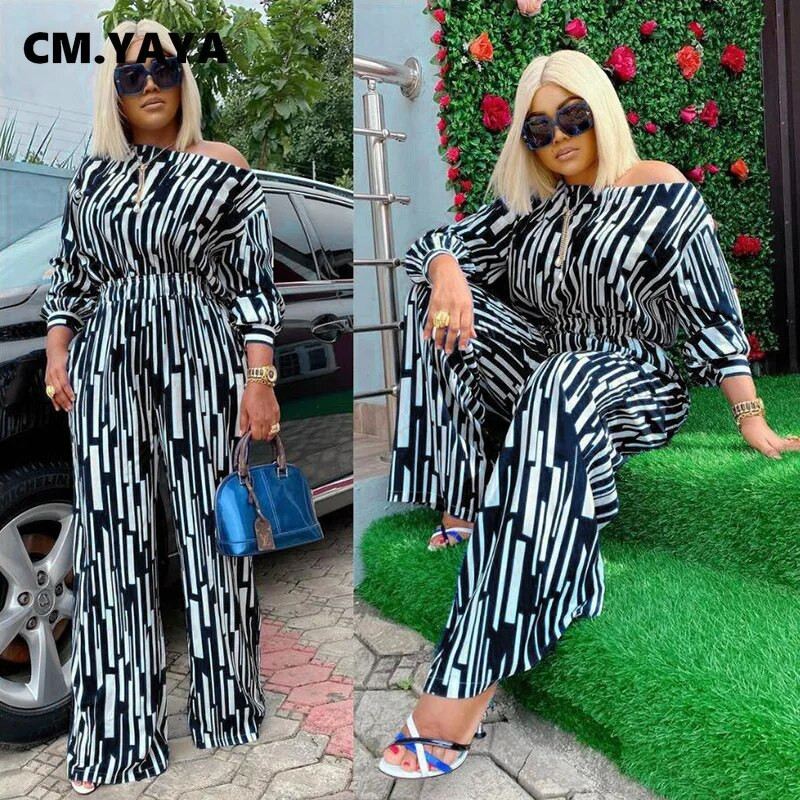 CM.YAYA Ριγέ γυναικεία μπλουζάκι με μακρυμάνικο σετ ώμου και παντελόνι με φαρδύ πόδι 2023 Φόρμα αθλητικής φόρμας δύο σετ 2 τεμαχίων