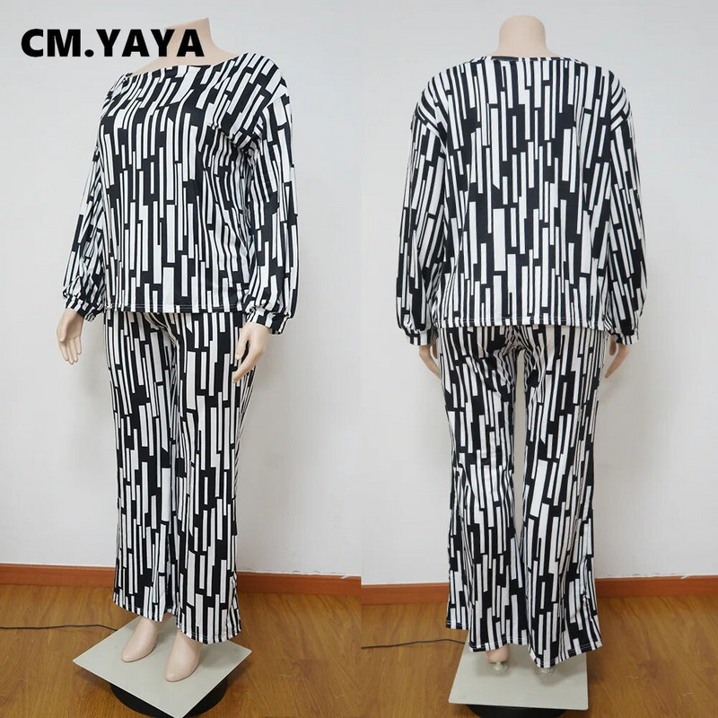 CM.YAYA Ριγέ γυναικεία μπλουζάκι με μακρυμάνικο σετ ώμου και παντελόνι με φαρδύ πόδι 2023 Φόρμα αθλητικής φόρμας δύο σετ 2 τεμαχίων