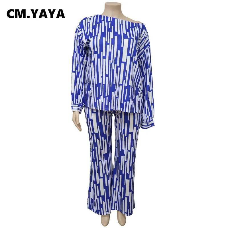 CM.YAYA Ριγέ γυναικεία μπλουζάκι με μακρυμάνικο σετ ώμου και παντελόνι με φαρδύ πόδι 2023 Φόρμα αθλητικής φόρμας δύο σετ 2 τεμαχίων