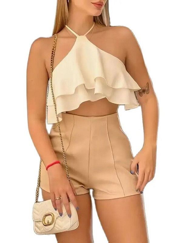 Modni dvodijelni set Ženska majica s halterima bez leđa i rubom s volanima Crop Top i ležerni set kratkih hlača