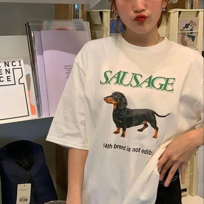Kawaii Sausage Dog Print T-shirt Дамска тениска с големи размери Корейска мода Streetwear Топ Сладка забавна тениска Y2kТ-риза Дрехи