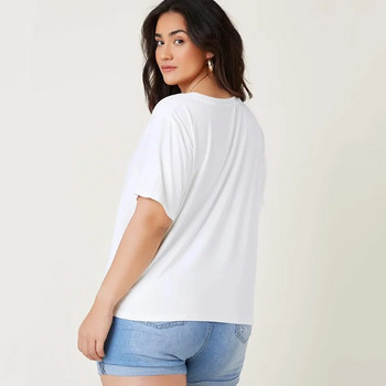 Голям размер, V-образно деколте, къс ръкав, летен ежедневен топ, дамска тениска с падащи рамене, широки големи размери, плътна бяла основна тениска, голям размер 6XL