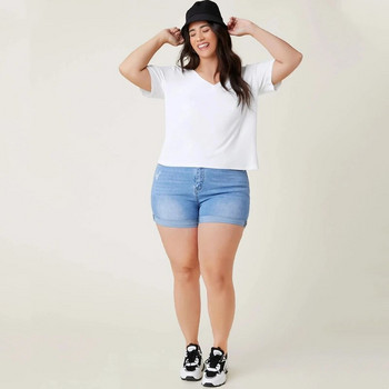 Голям размер, V-образно деколте, къс ръкав, летен ежедневен топ, дамска тениска с падащи рамене, широки големи размери, плътна бяла основна тениска, голям размер 6XL