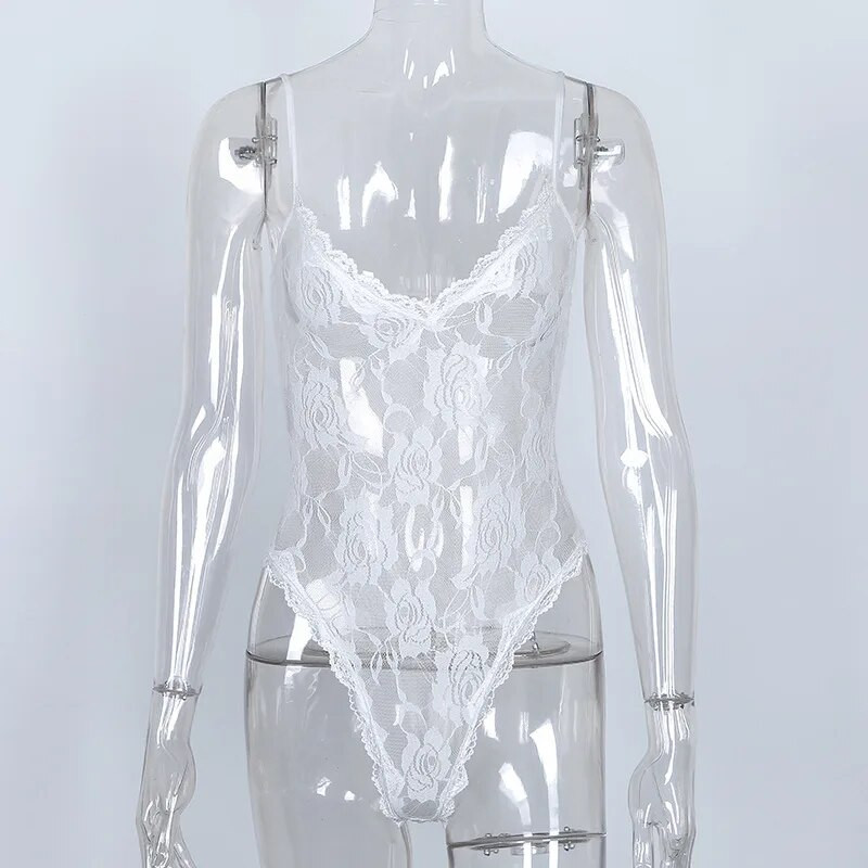 Spaghetti rihmaga pitsist body Seksikas V-kaelusega Body Top naiste kombinesoon Romper Vaata läbi