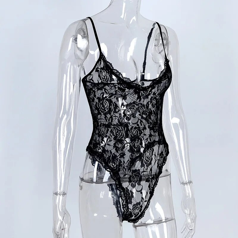 Spaghetti rihmaga pitsist body Seksikas V-kaelusega Body Top naiste kombinesoon Romper Vaata läbi
