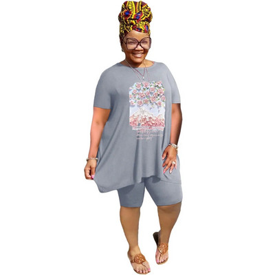 XL-5XL didelio dydžio dviejų dalių komplektai Moteriški drabužiai 2023 m. pavasario vasara Laisvi sportiniai laisvalaikio marginimai trumpomis rankovėmis šortai, kostiumai