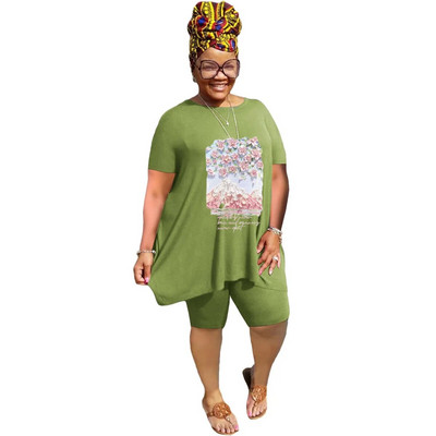 XL-5XL didelio dydžio dviejų dalių komplektai Moteriški drabužiai 2023 m. pavasario vasara Laisvi sportiniai laisvalaikio marginimai trumpomis rankovėmis šortai, kostiumai