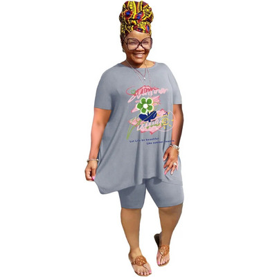 XL-5XL didelio dydžio dviejų dalių komplektai Moteriški drabužiai 2023 m. pavasario vasara Laisvi sportiniai laisvalaikio marginimai trumpomis rankovėmis šortai, kostiumai