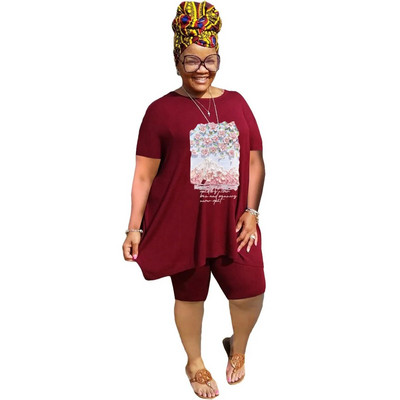 XL-5XL didelio dydžio dviejų dalių komplektai Moteriški drabužiai 2023 m. pavasario vasara Laisvi sportiniai laisvalaikio marginimai trumpomis rankovėmis šortai, kostiumai