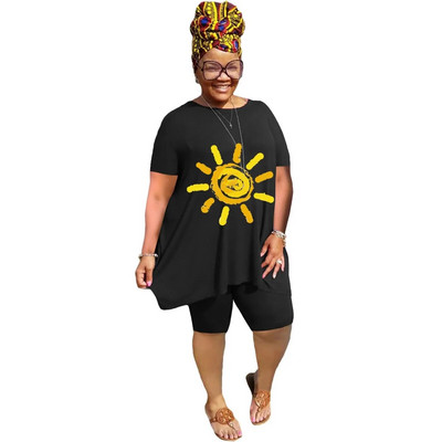 XL-5XL didelio dydžio dviejų dalių komplektai Moteriški drabužiai 2023 m. pavasario vasara Laisvi sportiniai laisvalaikio marginimai trumpomis rankovėmis šortai, kostiumai