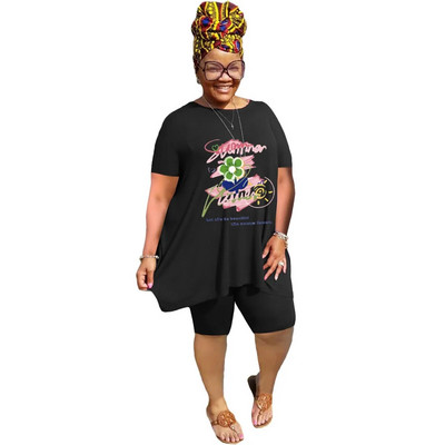 XL-5XL didelio dydžio dviejų dalių komplektai Moteriški drabužiai 2023 m. pavasario vasara Laisvi sportiniai laisvalaikio marginimai trumpomis rankovėmis šortai, kostiumai