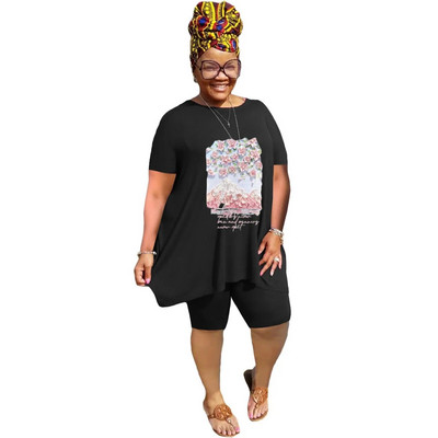 XL-5XL didelio dydžio dviejų dalių komplektai Moteriški drabužiai 2023 m. pavasario vasara Laisvi sportiniai laisvalaikio marginimai trumpomis rankovėmis šortai, kostiumai