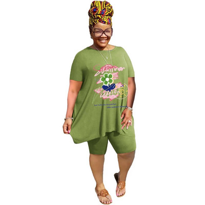 XL-5XL didelio dydžio dviejų dalių komplektai Moteriški drabužiai 2023 m. pavasario vasara Laisvi sportiniai laisvalaikio marginimai trumpomis rankovėmis šortai, kostiumai