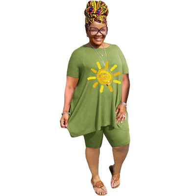 XL-5XL didelio dydžio dviejų dalių komplektai Moteriški drabužiai 2023 m. pavasario vasara Laisvi sportiniai laisvalaikio marginimai trumpomis rankovėmis šortai, kostiumai