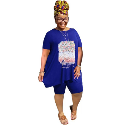 XL-5XL didelio dydžio dviejų dalių komplektai Moteriški drabužiai 2023 m. pavasario vasara Laisvi sportiniai laisvalaikio marginimai trumpomis rankovėmis šortai, kostiumai