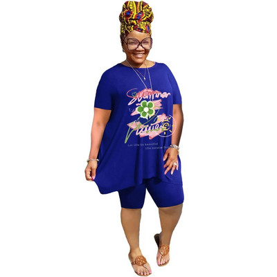 XL-5XL didelio dydžio dviejų dalių komplektai Moteriški drabužiai 2023 m. pavasario vasara Laisvi sportiniai laisvalaikio marginimai trumpomis rankovėmis šortai, kostiumai