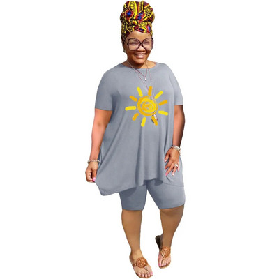 XL-5XL didelio dydžio dviejų dalių komplektai Moteriški drabužiai 2023 m. pavasario vasara Laisvi sportiniai laisvalaikio marginimai trumpomis rankovėmis šortai, kostiumai