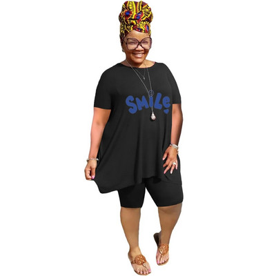 XL-5XL didelio dydžio dviejų dalių komplektai Moteriški drabužiai 2023 m. pavasario vasara Laisvi sportiniai laisvalaikio marginimai trumpomis rankovėmis šortai, kostiumai