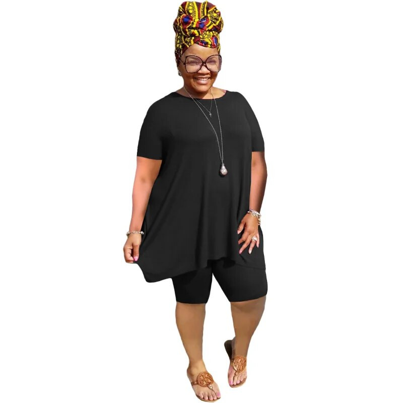 XL-5XL didelio dydžio dviejų dalių komplektai Moteriški drabužiai 2023 m. pavasario vasara Laisvi sportiniai laisvalaikio marginimai trumpomis rankovėmis šortai, kostiumai