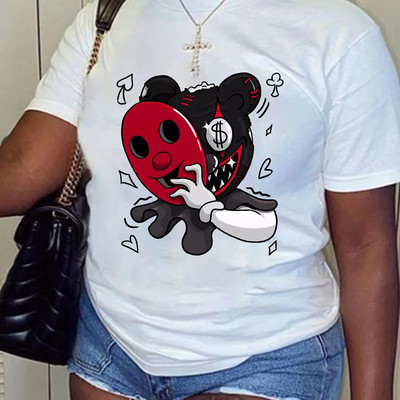 Masked Horror Doll Printed Plus Size Дамска памучна тениска Улична тениска с къс ръкав и кръгло деколте Микро разтеглива удобна тениска