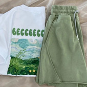 2023SS Fată Costum Dulce Femei Încântător Litere Imprimat Cămașă Versatilă Stradă Lejer Pantaloni scurți Ocazional O singură bucată Unisex Purtări simple pentru acasă