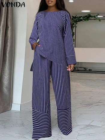 Плюс размер 5XL VONDA Дамски модни комплекти панталони с райета 2023 Есенни горнища с дълги ръкави и панталони с висока талия Ежедневен свободен елегантен костюм