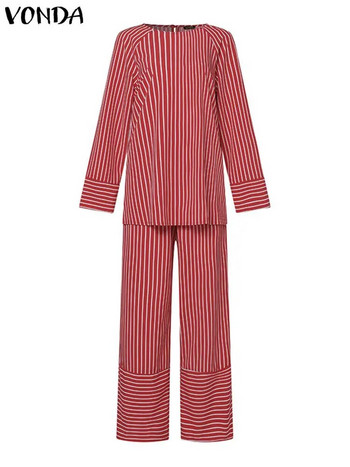 Плюс размер 5XL VONDA Дамски модни комплекти панталони с райета 2023 Есенни горнища с дълги ръкави и панталони с висока талия Ежедневен свободен елегантен костюм