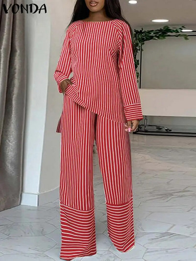 Seturi de pantaloni cu dungi VONDA pentru femei de mărime mare 5XL, de toamnă 2023, cu mâneci lungi și pantaloni cu talie înaltă, costum elegant, lejer, casual