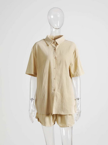 Γυναικείο Σετ σορτς με κορδόνι μέσης ελαστικό, καλοκαιρινό απλό μασίφ γυναικεία πουκάμισα ρούχα Βαμβακερό λινό πουκάμισο Loose casual σετ 2 τεμαχίων