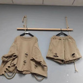 Σετ πουλόβερ άνοιξη/καλοκαίρι Γυναικεία Beggar Hole Loose Oversized κοντομάνικο μπλουζάκι και φαρδύ σορτς μόδας Casual σετ δύο τεμαχίων