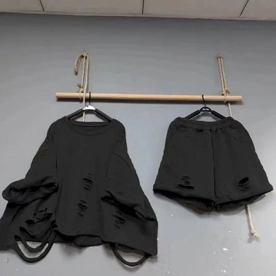 Σετ πουλόβερ άνοιξη/καλοκαίρι Γυναικεία Beggar Hole Loose Oversized κοντομάνικο μπλουζάκι και φαρδύ σορτς μόδας Casual σετ δύο τεμαχίων