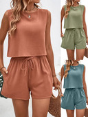 Set de două piese la modă pentru femei, bluză de vară, cu șnur, pantaloni scurți casual, buzunare, cu gâtul în formă de O, set de două piese, costume femei noi