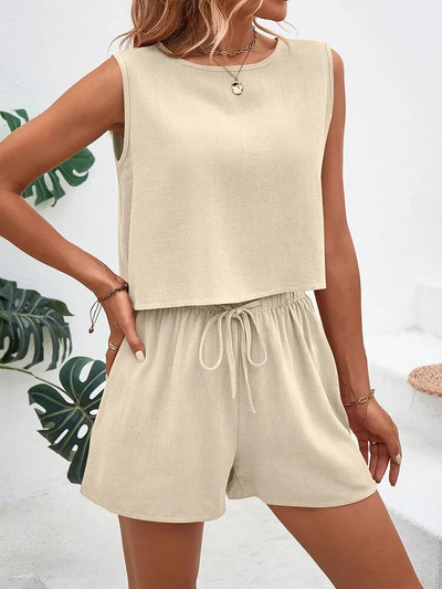 Set de două piese la modă pentru femei, bluză de vară, cu șnur, pantaloni scurți casual, buzunare, cu gâtul în formă de O, set de două piese, costume femei noi