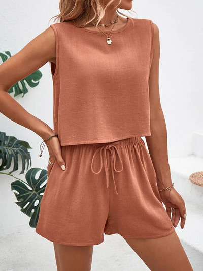 Set de două piese la modă pentru femei, bluză de vară, cu șnur, pantaloni scurți casual, buzunare, cu gâtul în formă de O, set de două piese, costume femei noi