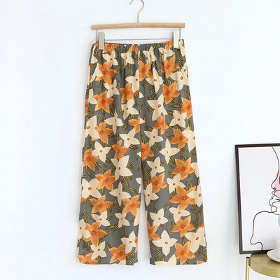 2023-as nyári női, laza, alvó alsó, levelek, nyomott puha pamut szatén, egyszerű stílusú, széles szárú otthoni viselet, nadrág, női, alkalmi viselet