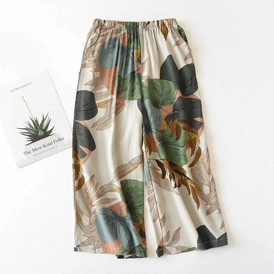 2023-as nyári női, laza, alvó alsó, levelek, nyomott puha pamut szatén, egyszerű stílusú, széles szárú otthoni viselet, nadrág, női, alkalmi viselet