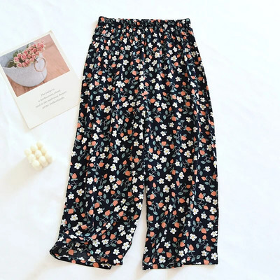 2023-as nyári női, laza, alvó alsó, levelek, nyomott puha pamut szatén, egyszerű stílusú, széles szárú otthoni viselet, nadrág, női, alkalmi viselet