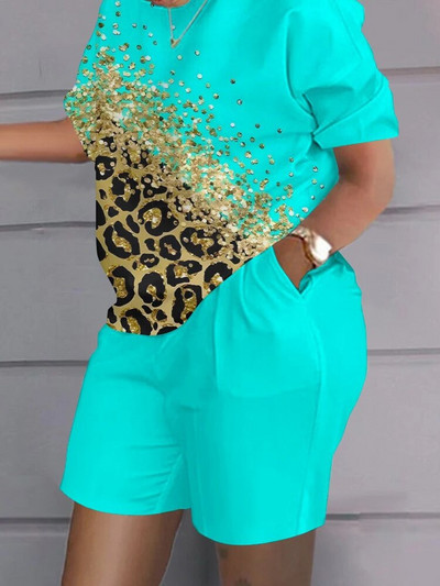 Kompleti odjeće 2023. Ležerna majica i kratke hlače s kontrastnim leopard printom veće veličine Komplet od dva modna ležerna komada za ženske trenirke