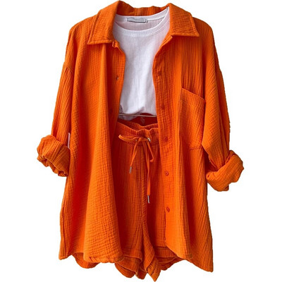 Ženska pamučna pidžama Jednobojna plisirana ovratnica dvodijelni set za spavanje Visoki struk Uzica za zatezanje Ležerna odjeća s gumbima Kratko odijelo