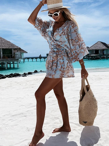 2023 Секси гащеризон с дълбоко V-образно деколте за жени Летни ежедневни бохо плажни ваканционни костюми Модни щампи с фенери с ръкави Гащеризони Къси панталони