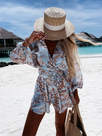 2023. Seksi kombinezon s dubokim V izrezom za žene Ljeto, ležerna boho odjeća za odmor na plaži, modni print, kratke hlače s lanternastim rukavima