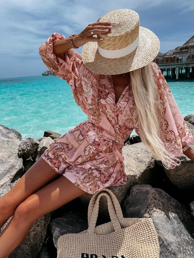 2023. Seksi kombinezon s dubokim V izrezom za žene Ljeto, ležerna boho odjeća za odmor na plaži, modni print, kratke hlače s lanternastim rukavima