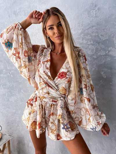 2023. Seksi kombinezon s dubokim V izrezom za žene Ljeto, ležerna boho odjeća za odmor na plaži, modni print, kratke hlače s lanternastim rukavima