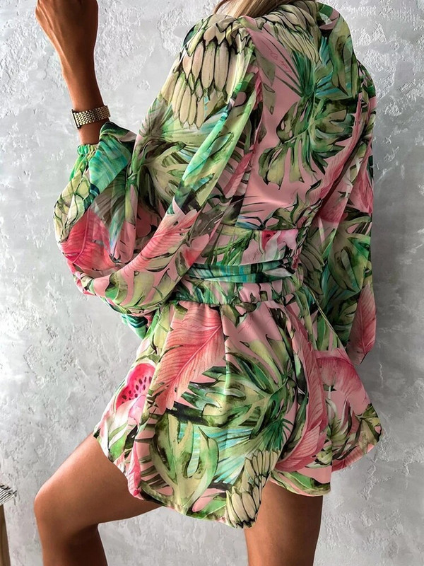 2023. Seksi kombinezon s dubokim V izrezom za žene Ljeto, ležerna boho odjeća za odmor na plaži, modni print, kratke hlače s lanternastim rukavima