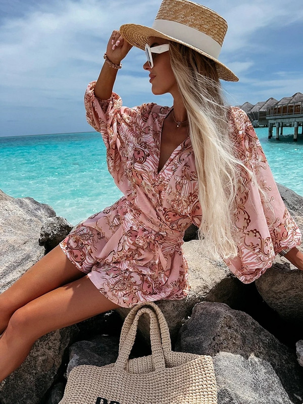 2023. Seksi kombinezon s dubokim V izrezom za žene Ljeto, ležerna boho odjeća za odmor na plaži, modni print, kratke hlače s lanternastim rukavima