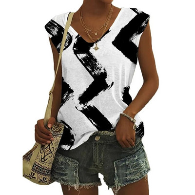 Καλοκαιρινά γεωμετρικά μοτίβα Τρισδιάστατη εκτύπωση Γυναικεία μπλουζάκια Νέα streetwear μεγάλου μεγέθους γιλέκο V-λαιμόκοψη ώμου Αμάνικη γυναικεία καμιζόλα